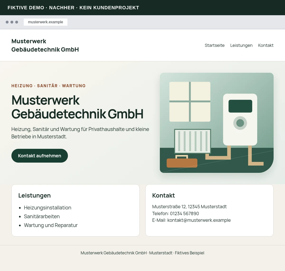 Fiktive Musterwerk-Demo in moderner Gestaltung: klare Typografie, großzügige Abstände und auffälliger Kontaktbutton bei gleichen Inhalten.