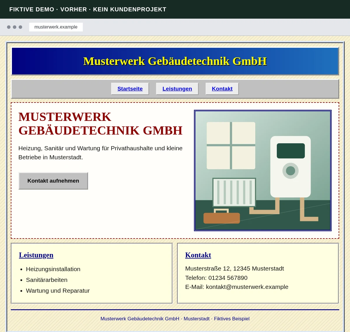 Fiktive Musterwerk-Demo im Stil von 2005: dichte, kleinteilige Gestaltung mit Leistungen und Kontaktdaten.